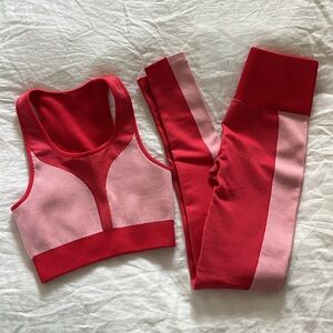 Fabletics high waist rib legging & bra SET. XS. Red & pink colorblock detailing.